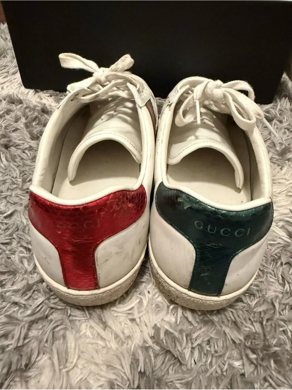 Gucci White Leather Low-Top Sneakers with Red & Green Snake Embroidery